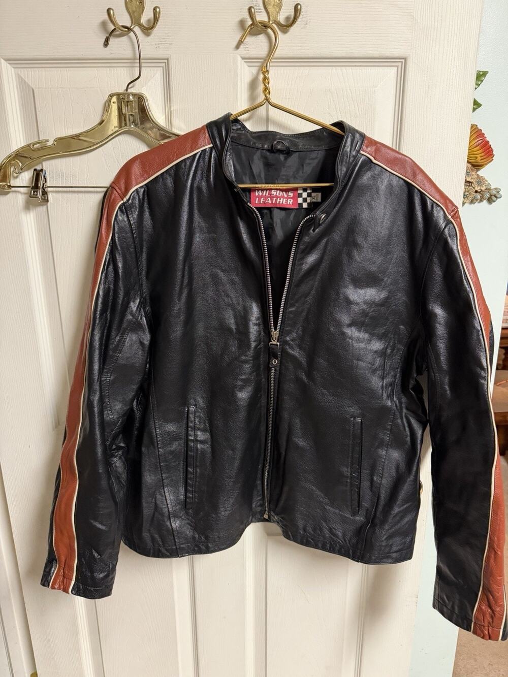 Vnt Zip Y2k Wilsons Leather XL Moto Jacket Black/Orange Cafe Racer 46x27